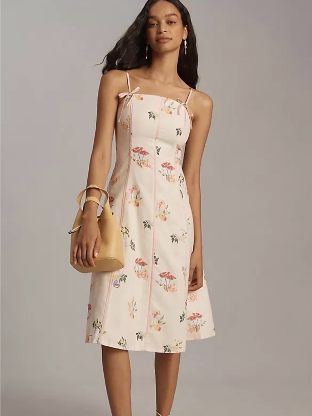 Anthropologie Light Pink Floral Tie-Shoulder Midi Dress